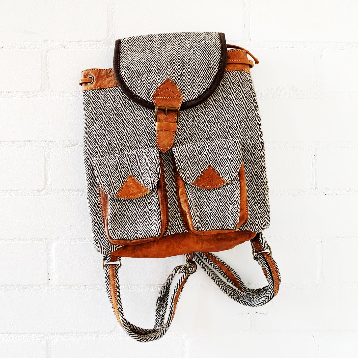 Leather & Cotton Backpack (Black) 29x39cm