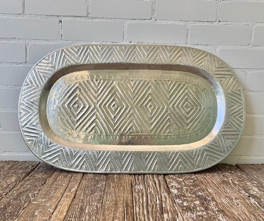 SILVER HAND CARVED OVAL PLATE 82X46CM