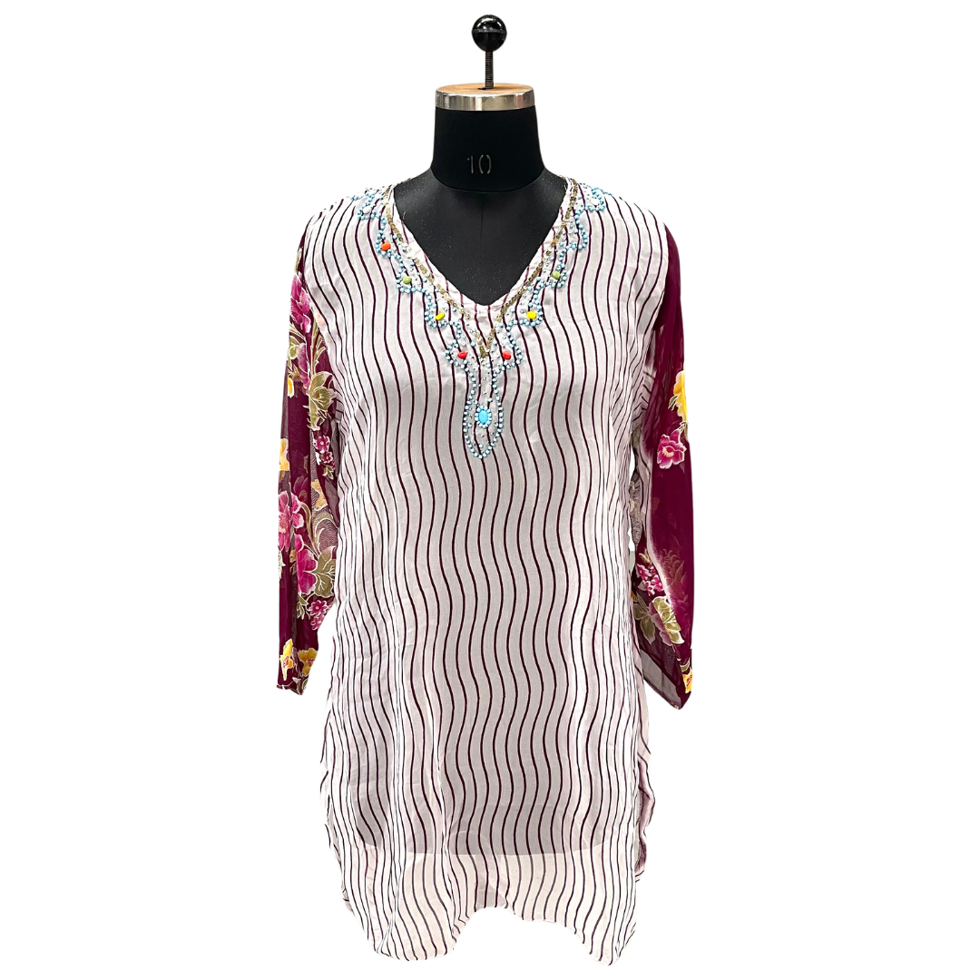 White Burgundy Floral Sleeve Crystal Kaftan