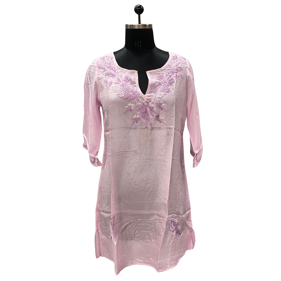Lilac Hand-Embroidered Leaf Tunic 100% Silk