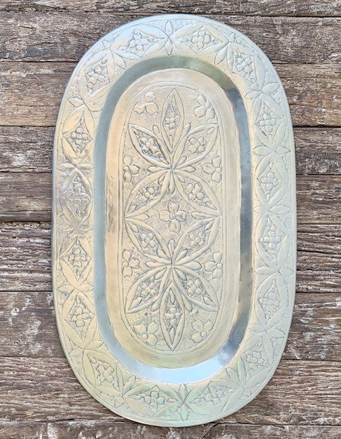 SILVER HAND CARVED OVAL PLATE 67X39CM