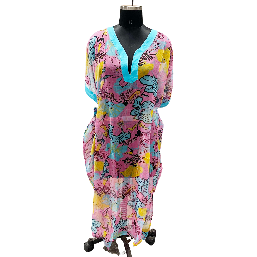 Vibrant Pink and Blue Floral Kaftan Dress